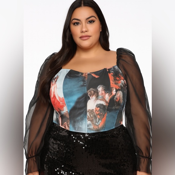Fallen Angels Corset Black Sheer Long Sleeve Artistic Print Women's Top- Size 1X - Picture 1 of 14